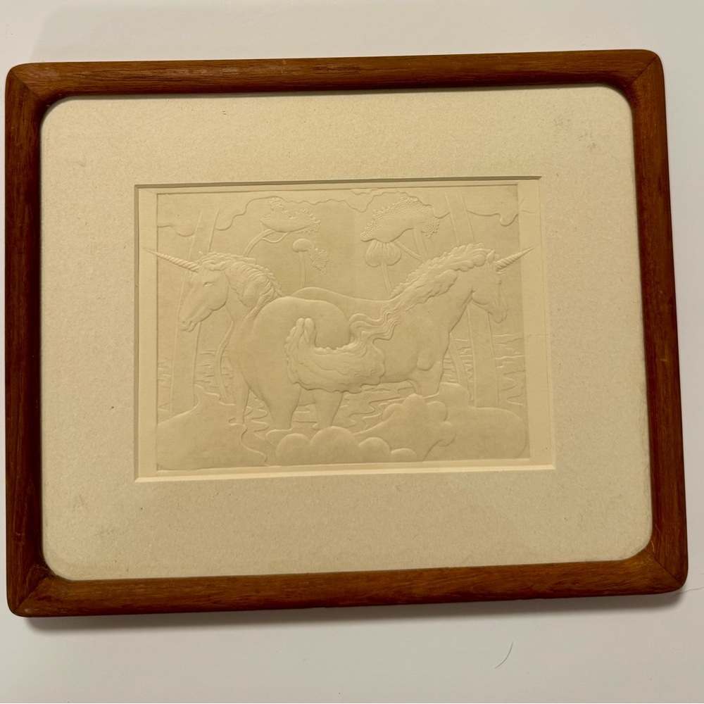 Wood Framed Unicorn Embossed Art Vintage